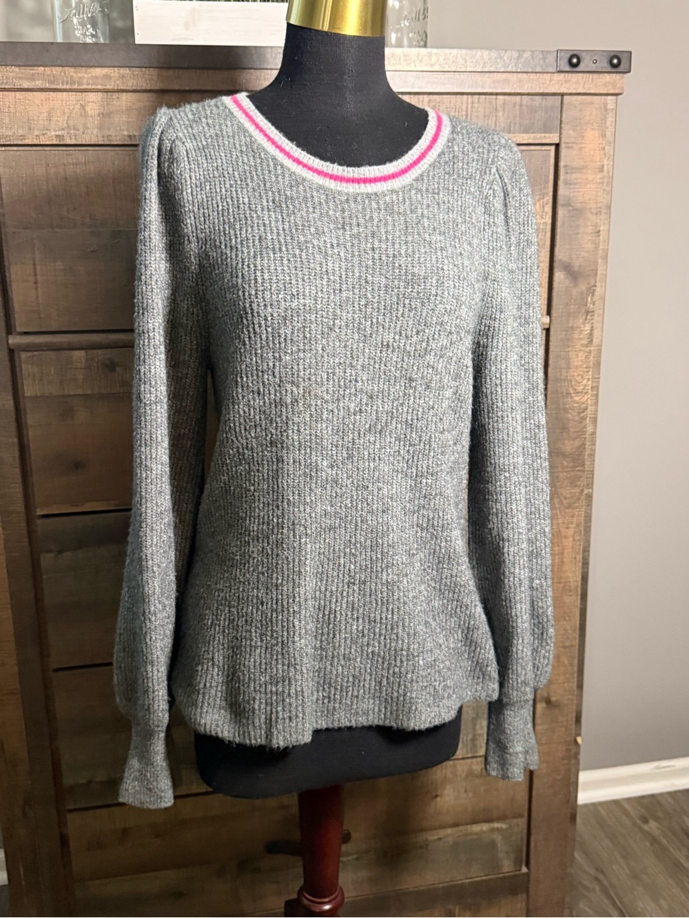 Halogen Gray Knit Sweater Medium Pink White Trim Puff Sleeve Cozy Pullover